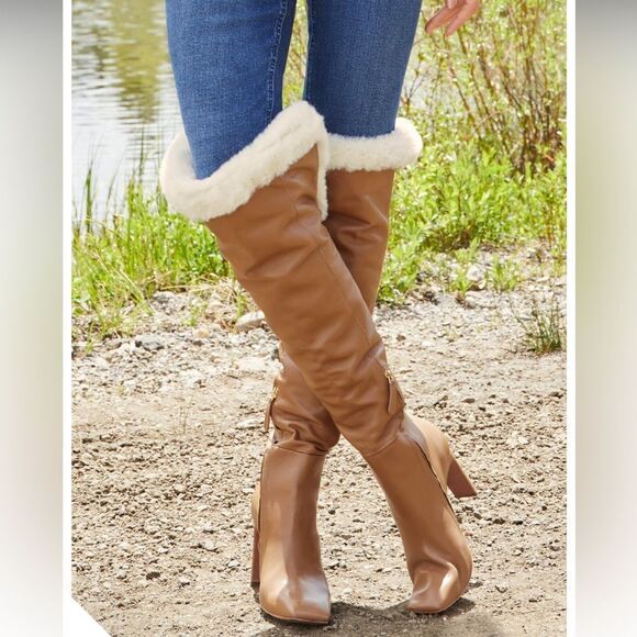 BCBGMAXAZRIA Tan Leather Over The Knee Boot Faux Fur High Block Heel Size 7 - Picture 1 of 16